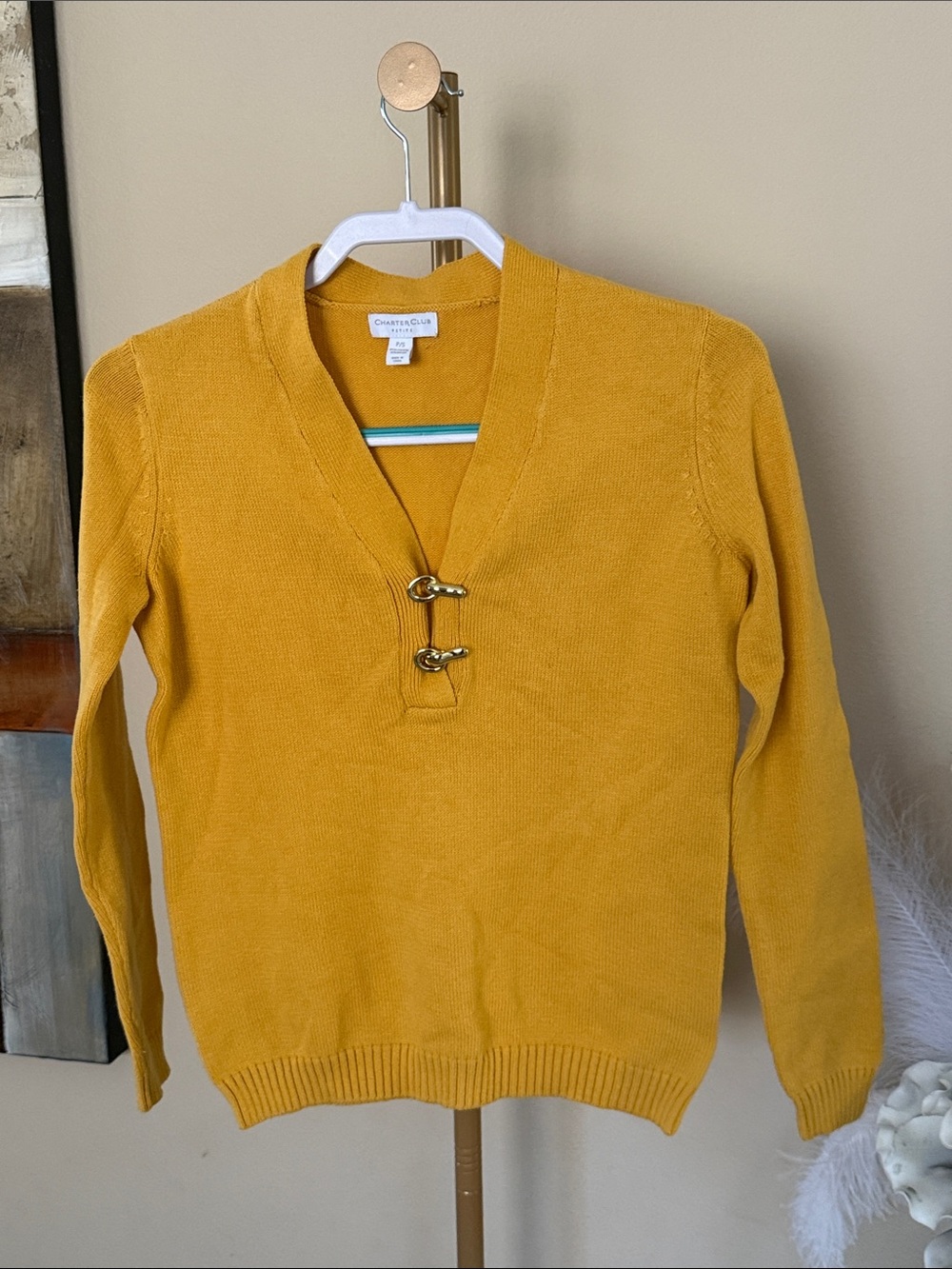 Charter Club Women’s Mustard V-Neck Sweater with Toggle Accents